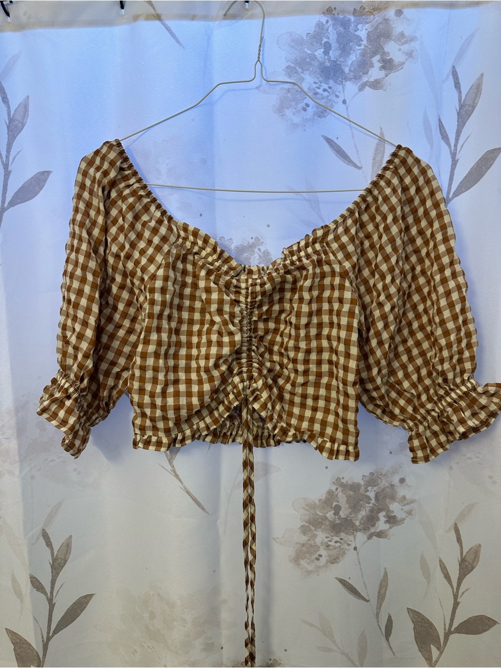 Gingham Ruched Drawstring Crop Top - Brown